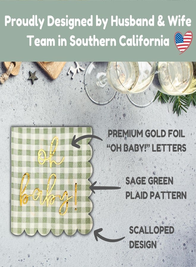 Cloverjoyed 'Oh Baby' Baby Shower Decorations, 50 Pack, Gold Oh Baby Napkins in Plaid Sage Green Pattern, Scalloped Edges, Sage Green Baby Shower Napkins, Neutral Gender Reveal Decorations - Image 3